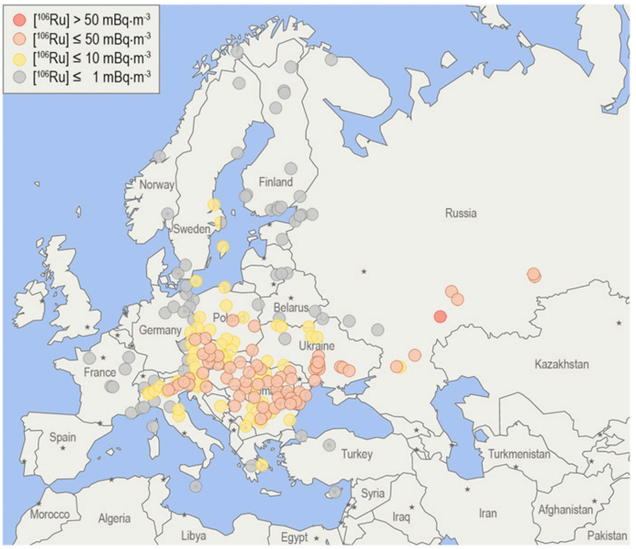 Average concentrations of radioactive ruthenium detected across Europe during the incident.